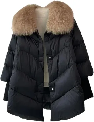 Women White Down Duck Parka Big Fur Collar Cotton Padded Jacket Loose Puffer Coat Lightweight Poacket Outerwear