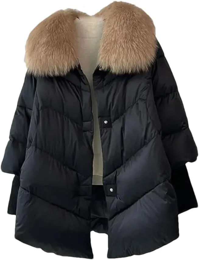Women White Down Duck Parka Big Fur Collar Cotton Padded Jacket Loose Puffer Coat Lightweight Poacket Outerwear