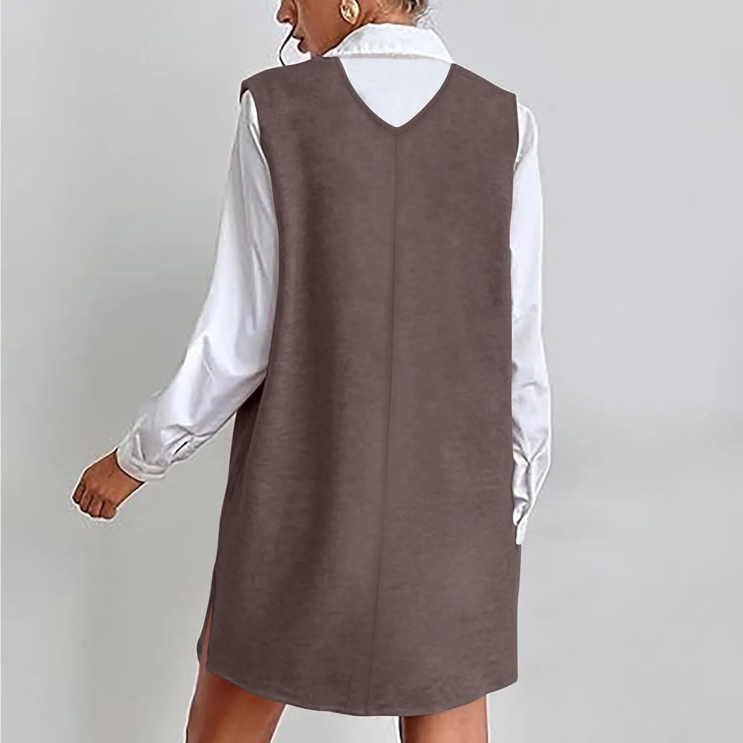 Women Woolen Dresses 2025 Summer V Neck Sleeveless Mini Sundress Casual Loose Fit Split Hem Short Dress with Pockets