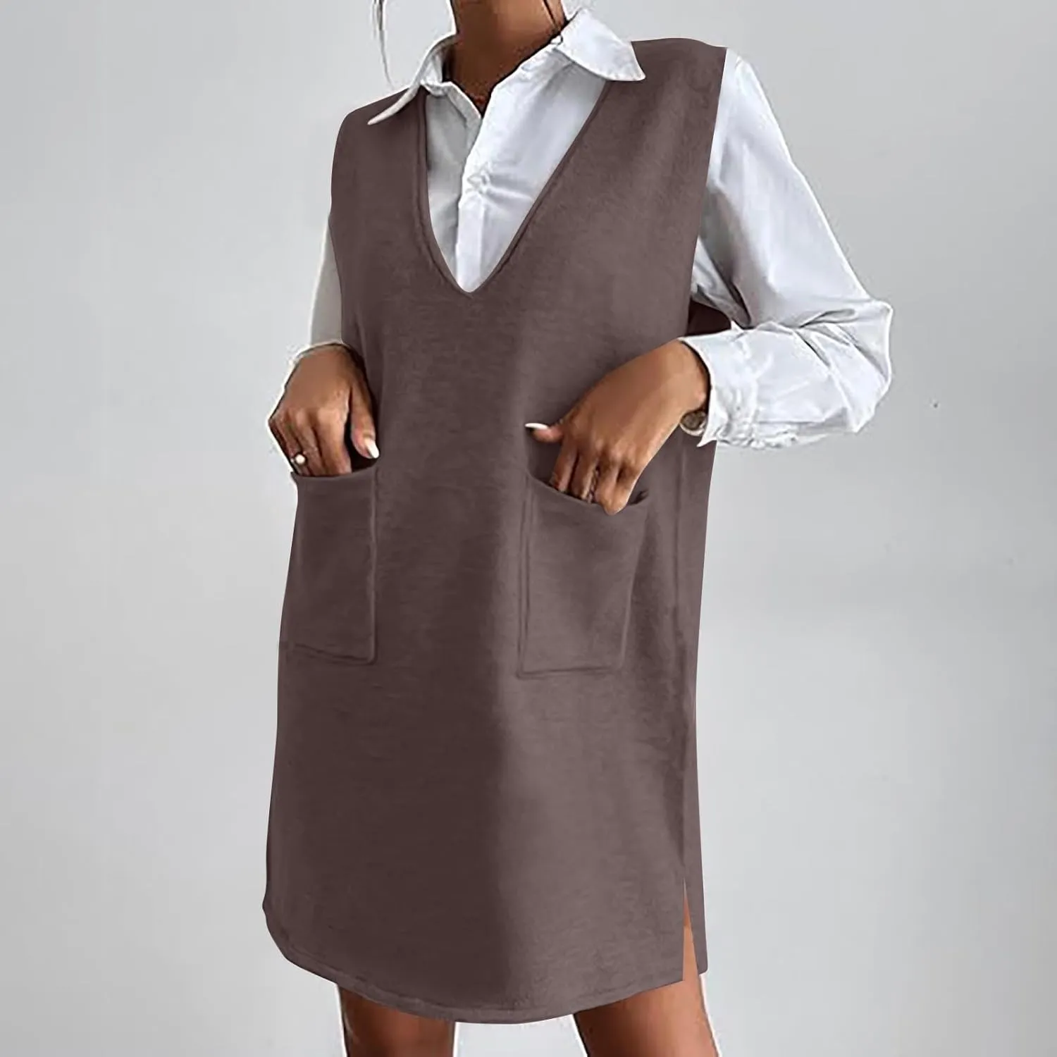 Women Woolen Dresses 2025 Summer V Neck Sleeveless Mini Sundress Casual Loose Fit Split Hem Short Dress with Pockets