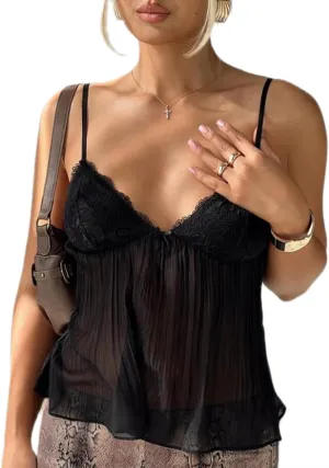 Women Y2K Cami Shirt Sexy Sleeveless V Neck Lace Ruffle Peplum Tank Top Cropped Spaghetti Strap Babydoll Camisole