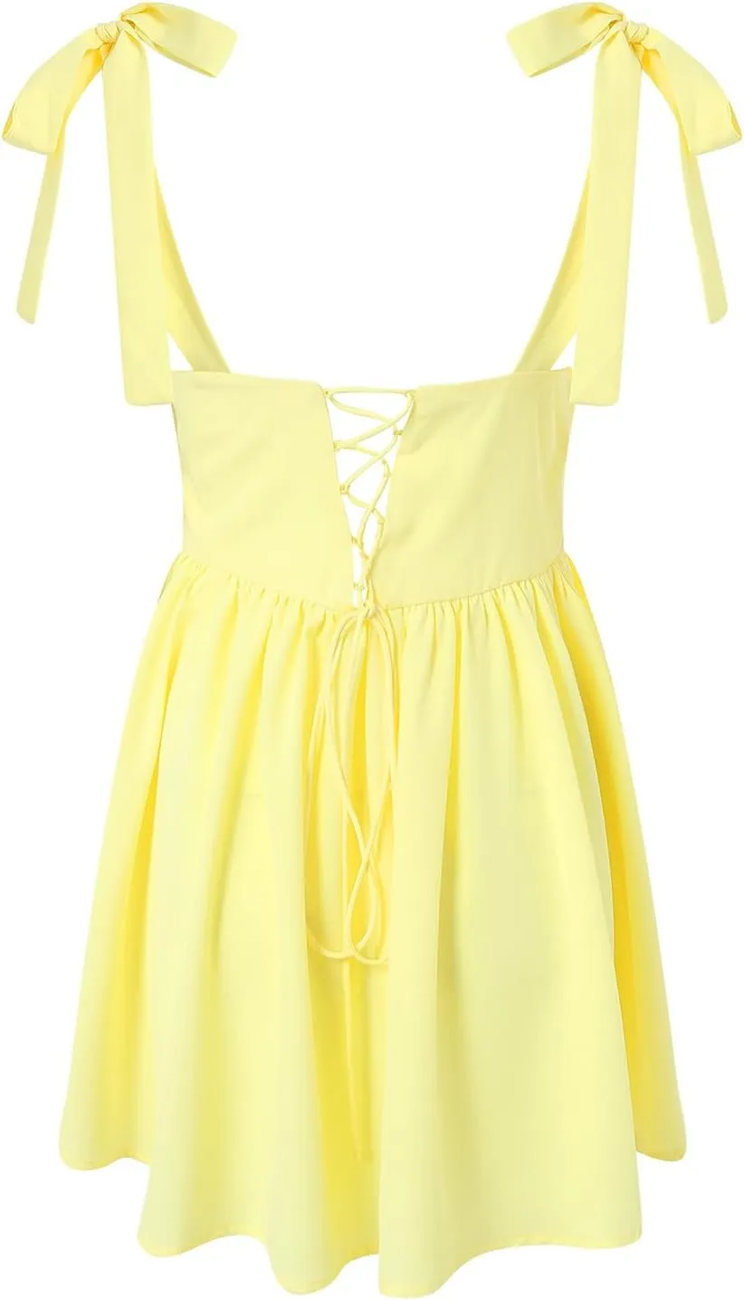 Women Y2k Mini Dress Ruffle Hem Tie Back Short Dress Flowy A Line Bodycon Dresses Party Clubwear