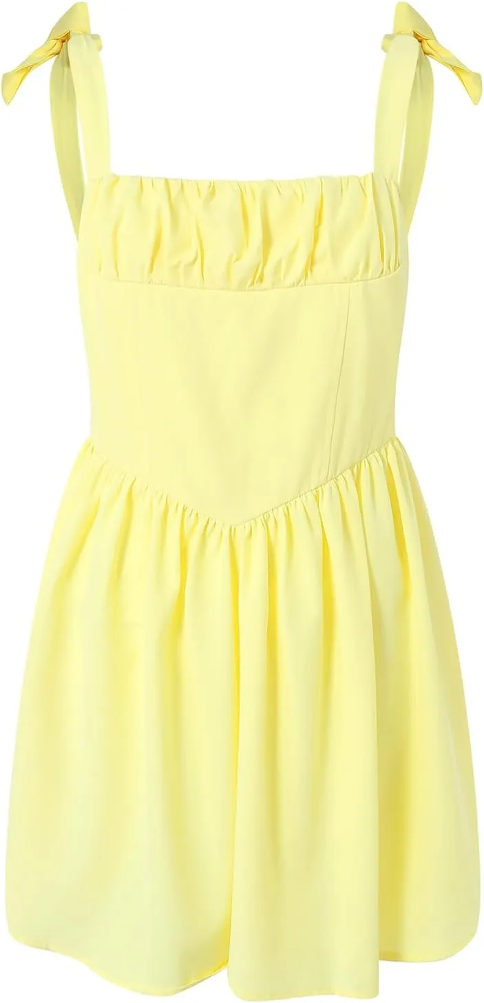 Women Y2k Mini Dress Ruffle Hem Tie Back Short Dress Flowy A Line Bodycon Dresses Party Clubwear