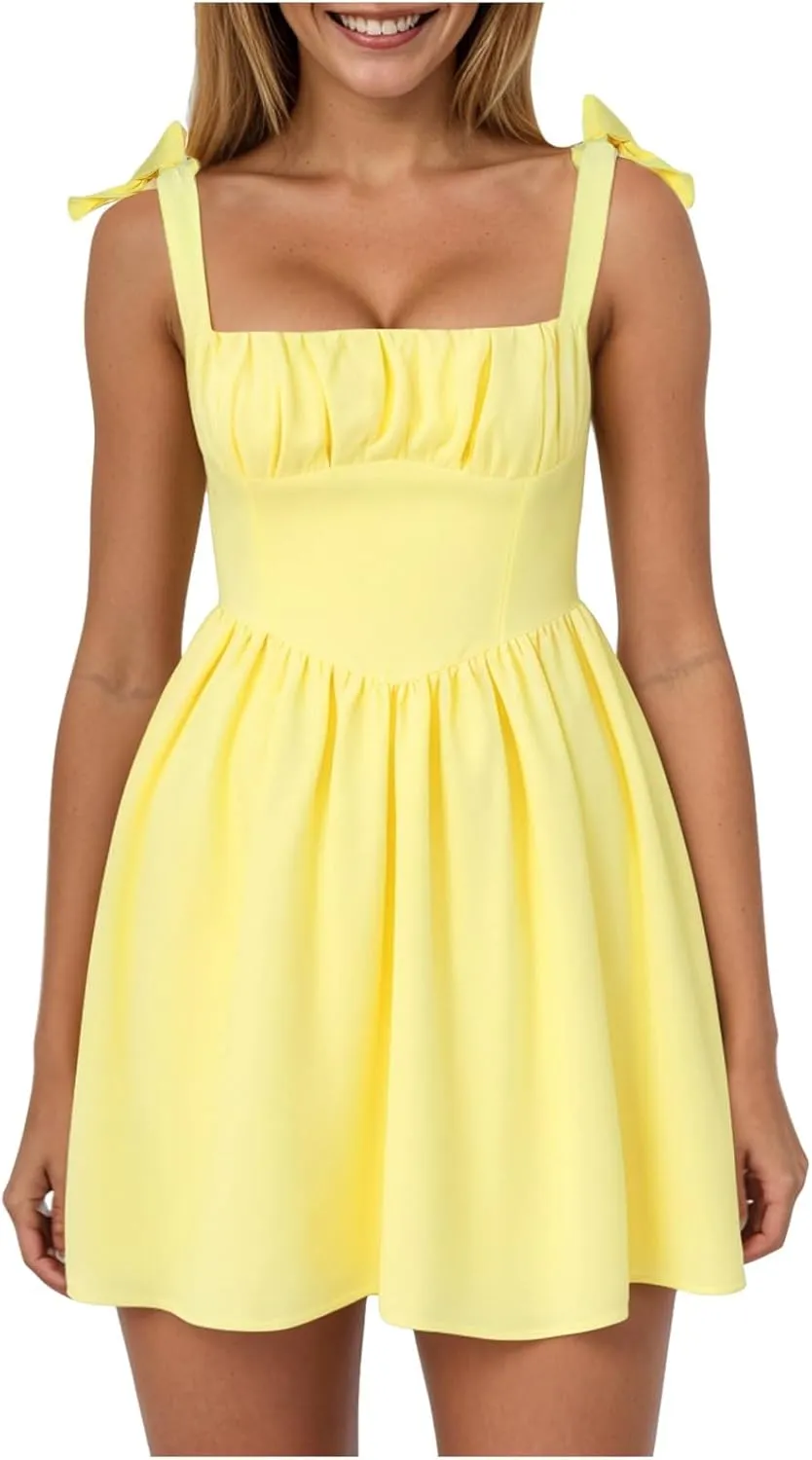 Women Y2k Mini Dress Ruffle Hem Tie Back Short Dress Flowy A Line Bodycon Dresses Party Clubwear