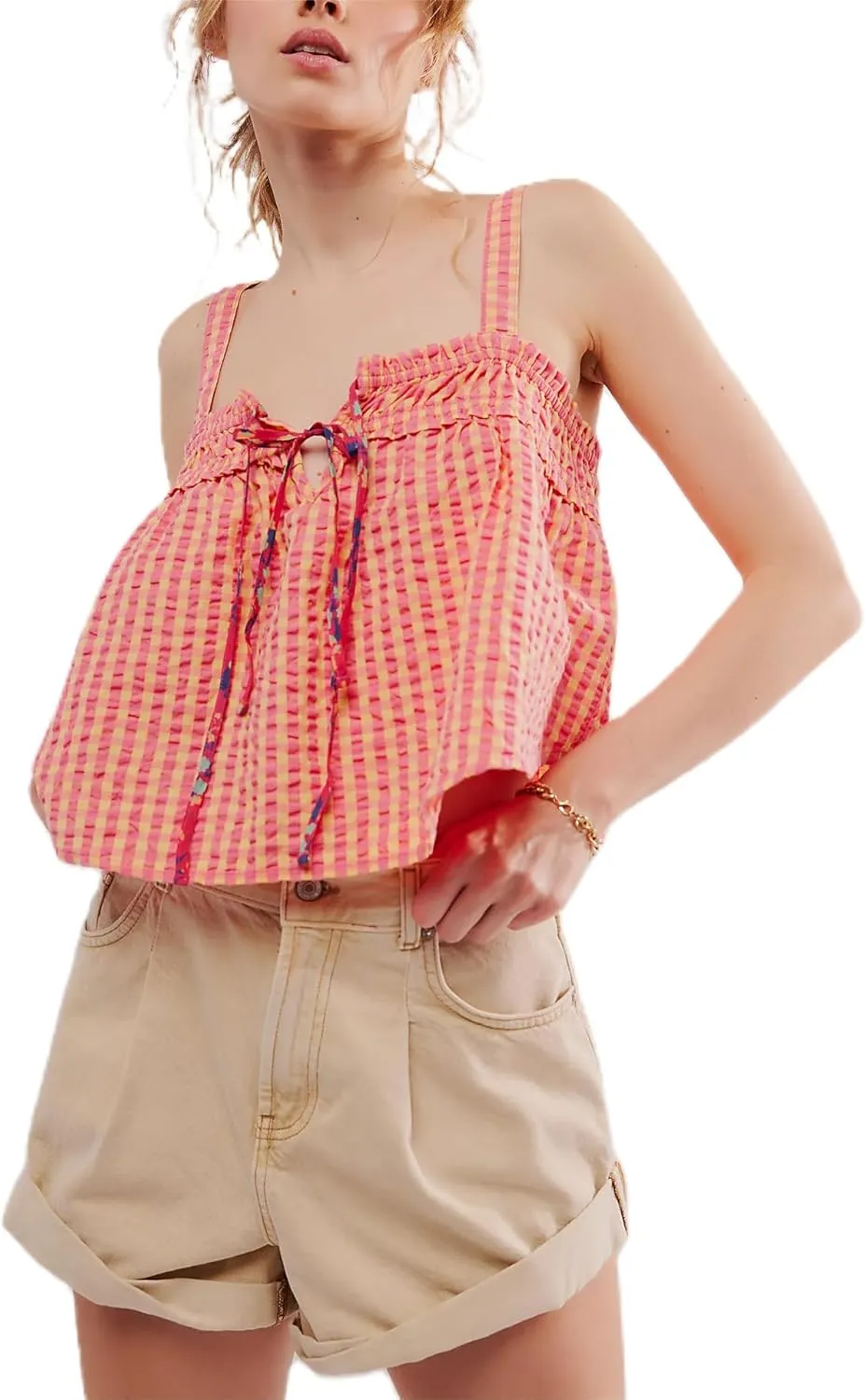 Women Y2k Plaid Cami Tank Top Sleeveless Spaghetti Strap Tie Front Camisole Summer Vintage Vest Streetwear