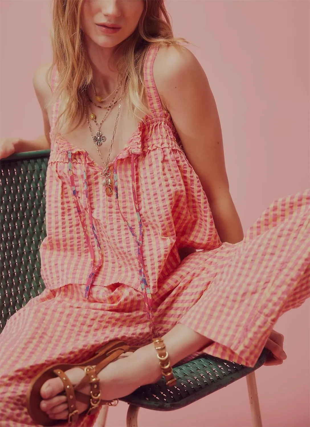 Women Y2k Plaid Cami Tank Top Sleeveless Spaghetti Strap Tie Front Camisole Summer Vintage Vest Streetwear