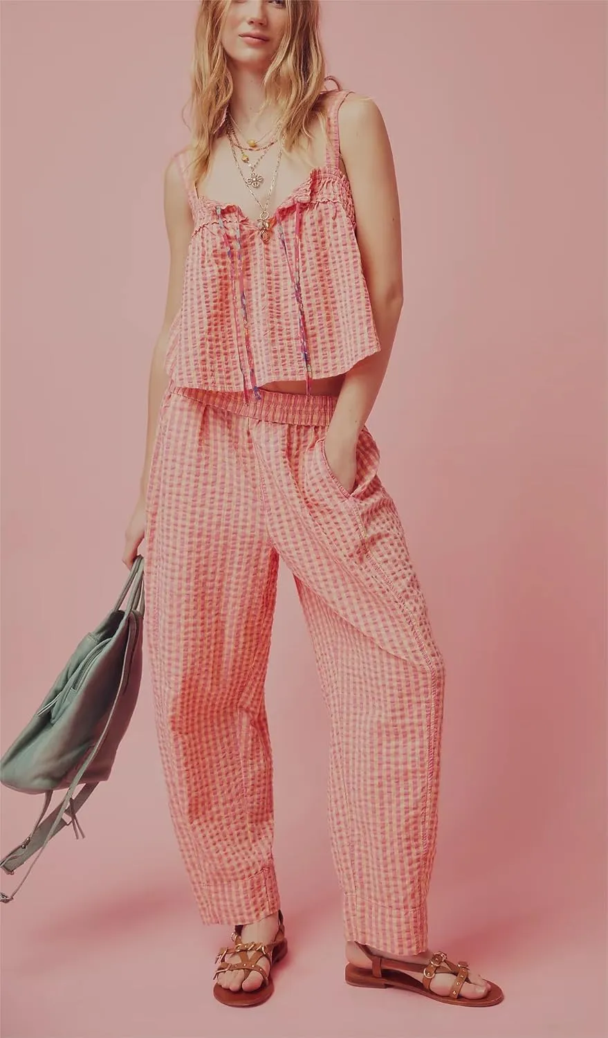 Women Y2k Plaid Cami Tank Top Sleeveless Spaghetti Strap Tie Front Camisole Summer Vintage Vest Streetwear