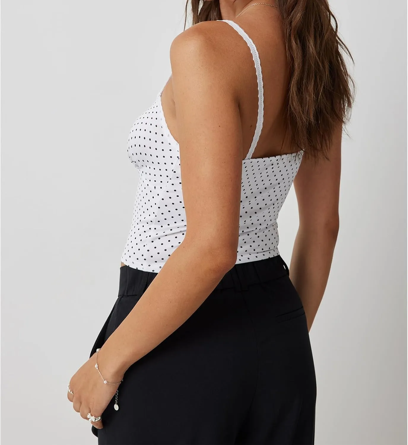 Women Y2K Sexy Cami Tank Top Polka Dot Sleeveless V Neck Spaghetti Strap Lace Trim Camisole Crop Tops