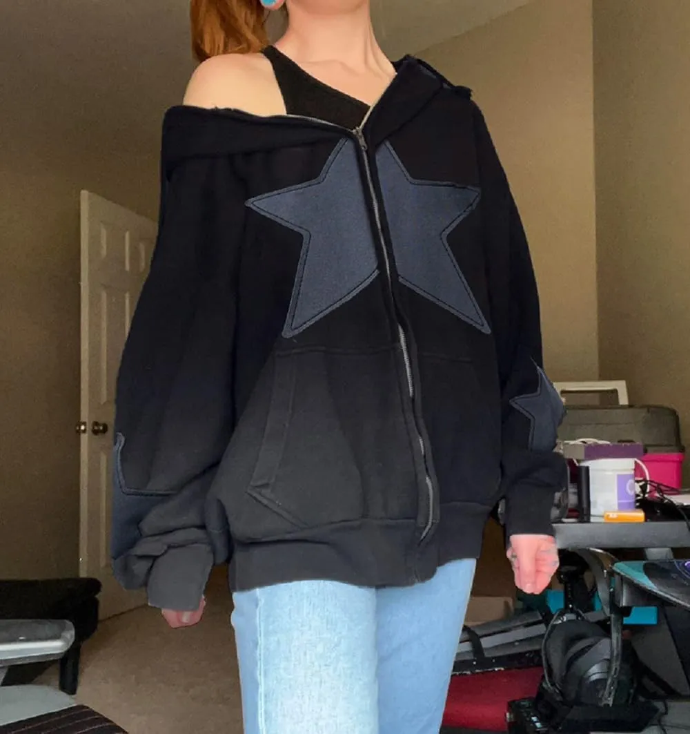 Women Y2k Zip Up Hoodie Vintage Graphic Oversized Hooded Sweatshirts Grunge Fairy Long Sleeve Jacket Pullovers Coats