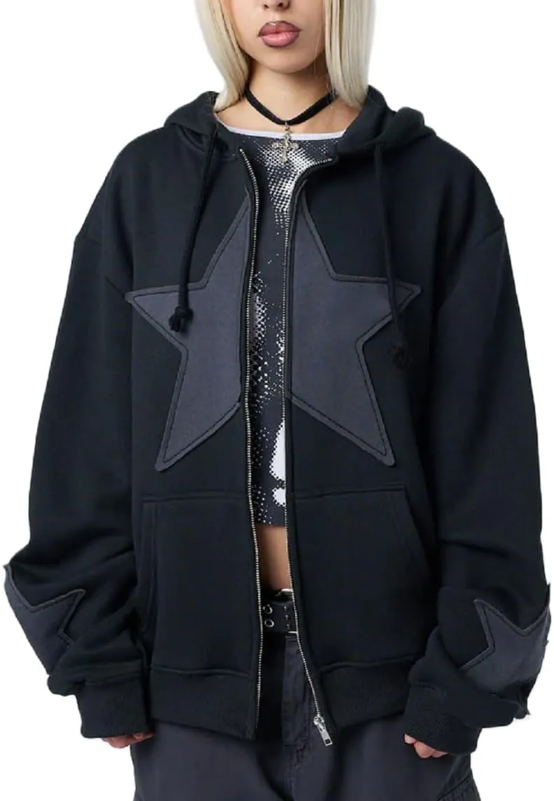 Women Y2k Zip Up Hoodie Vintage Graphic Oversized Hooded Sweatshirts Grunge Fairy Long Sleeve Jacket Pullovers Coats