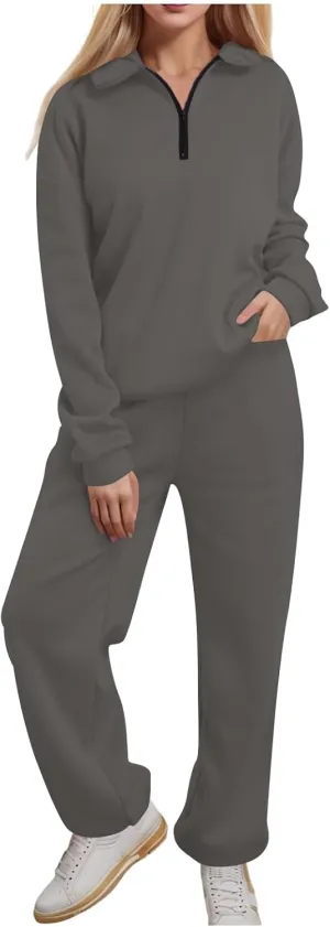 Womens 2 Piece Outfits Lounge Half Zip Hoodie Sweatsuit Sets Oversized Sweatshirt Baggy Fall Fashion Sweatpants A-Grey