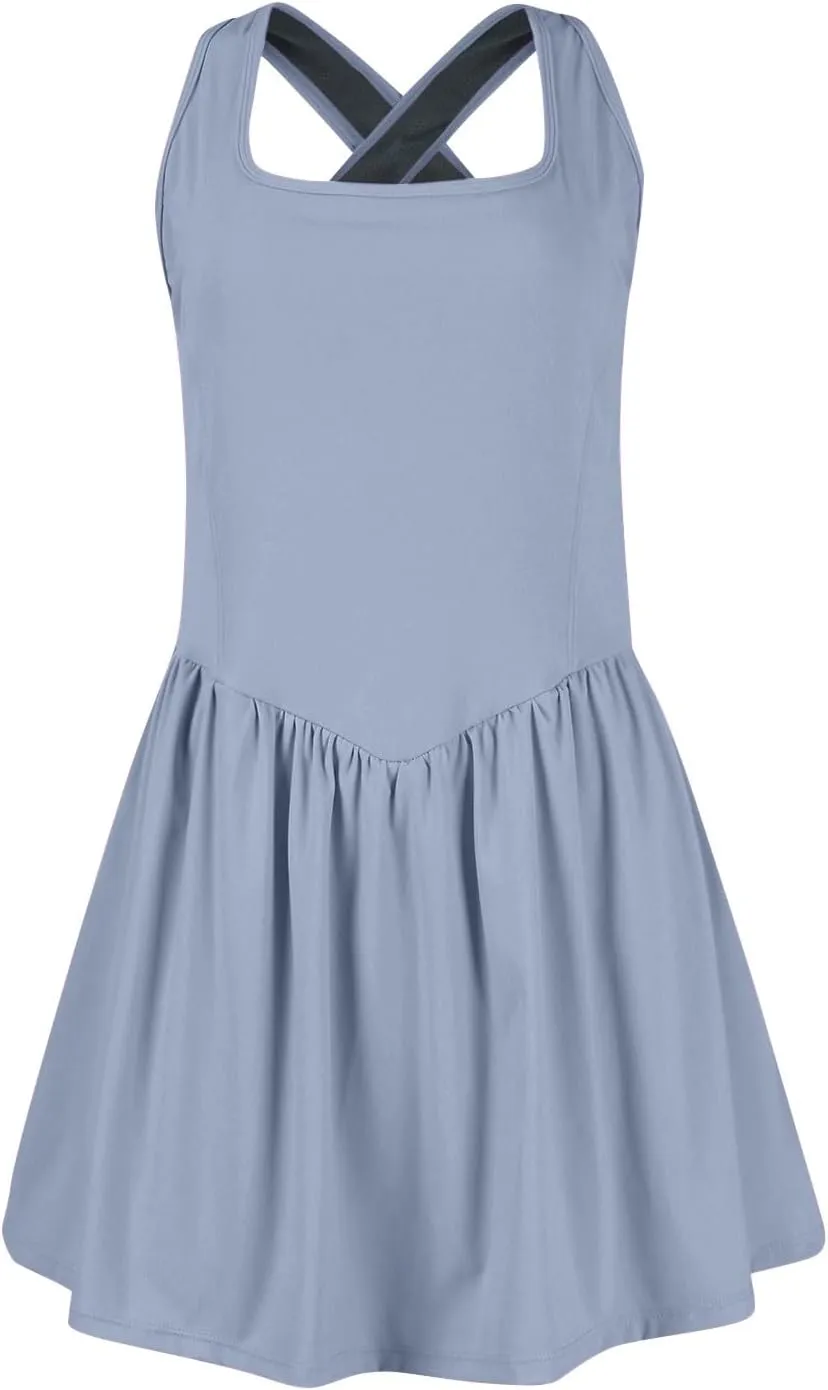 Womens 2024 Athletic Tennis with Build in Shorts Pleated Summer Mini Dress Golf Workout Exercise Active Golf Dresses