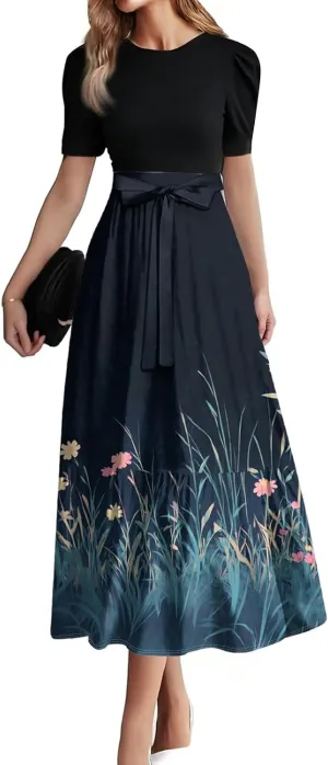 Women's 2025 Summer Boho Midi Dress Short Sleeve Flowy A Line Tiered Beach Vacation Long Dresses