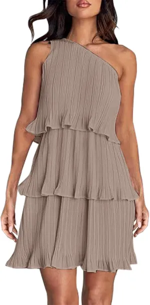 Women's 2025 Summer One Shoulder Dresses Ruffle Short Sleeve Ruffle Tiered Layered Swing A Line Long Sleeve Summer Dress