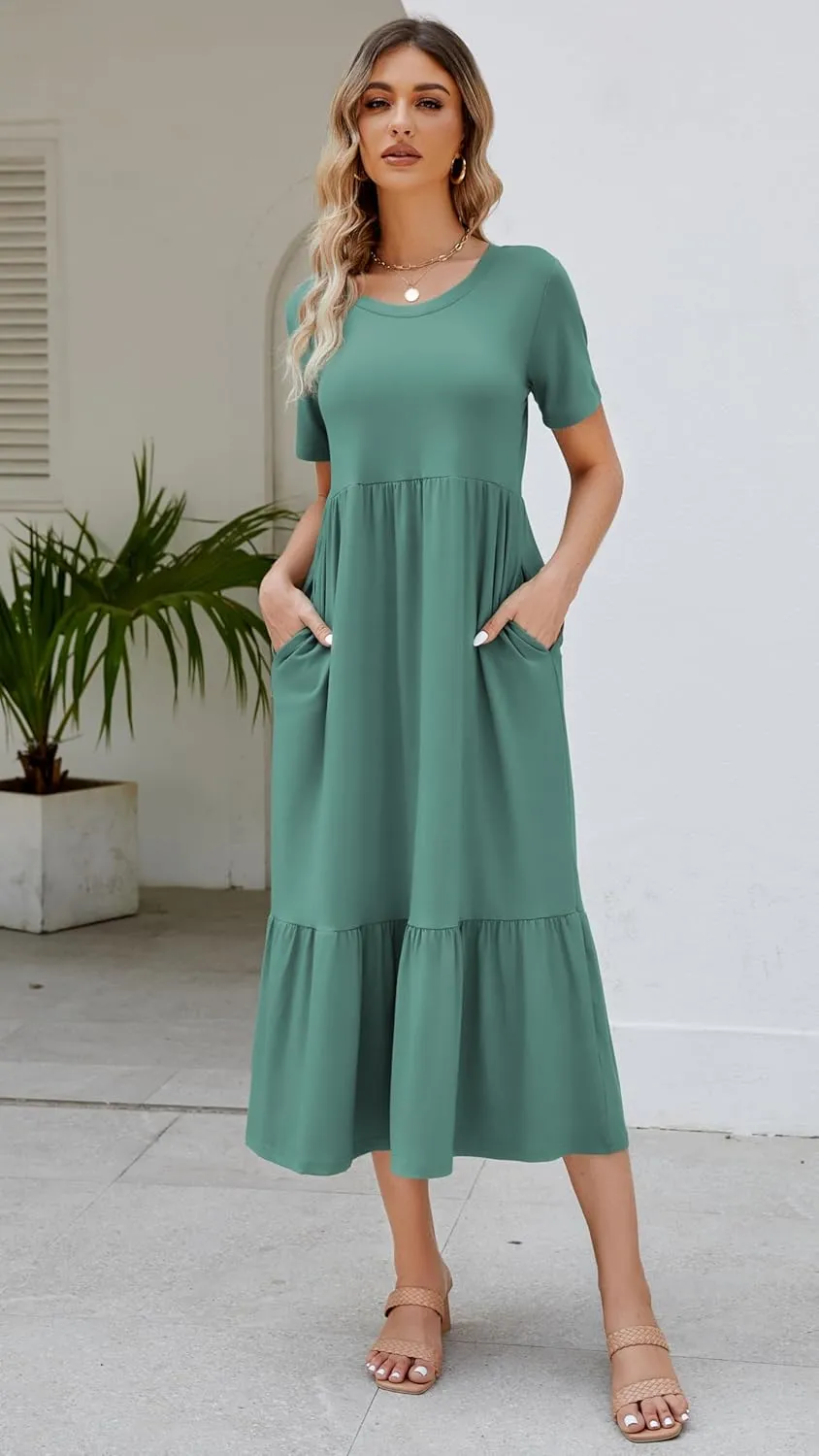 Women's 2025 Summer Short Sleeve Crew Neck Swing Dress Flowy Tiered Maxi Beach Sundress with Pockets