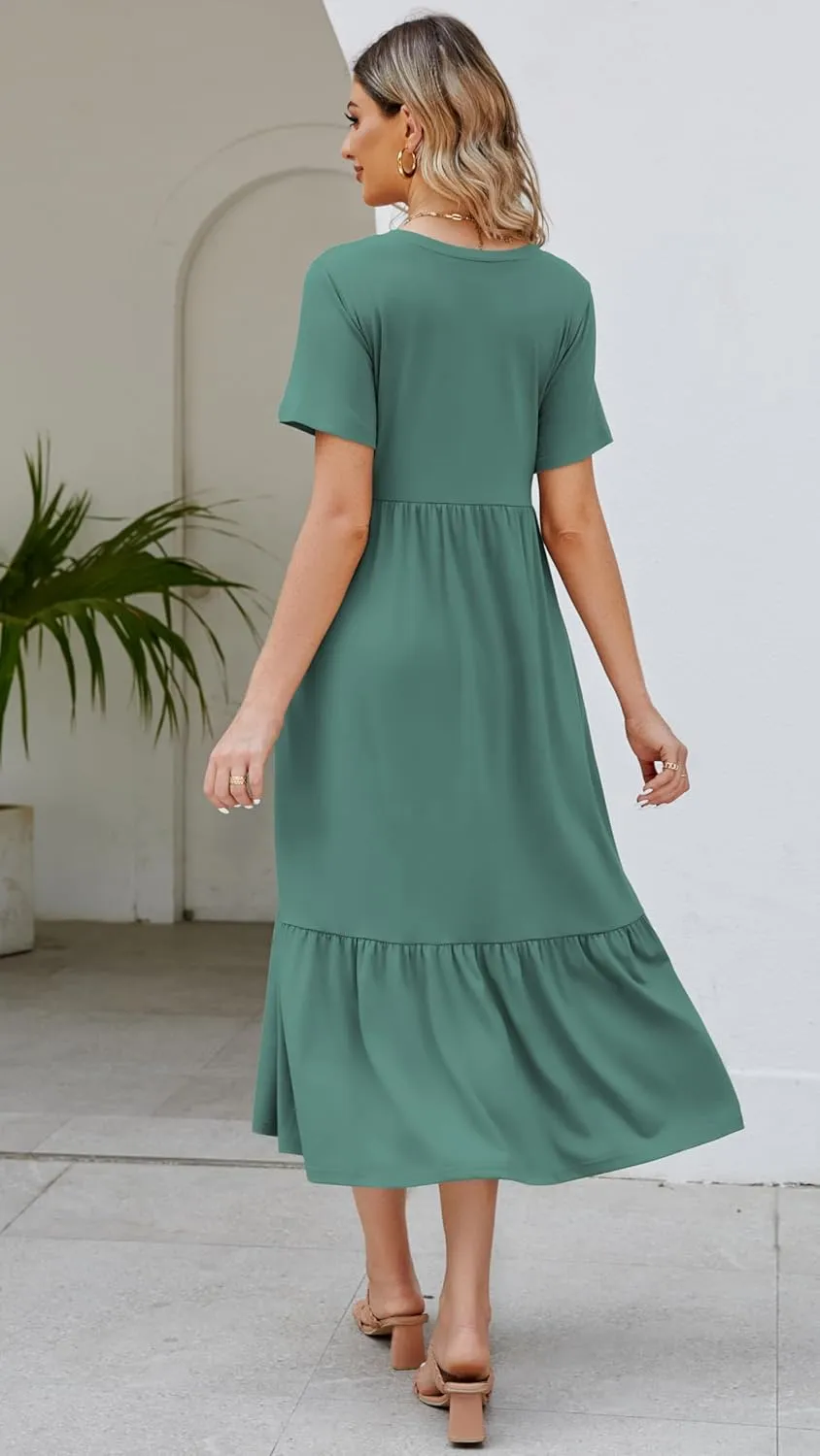 Women's 2025 Summer Short Sleeve Crew Neck Swing Dress Flowy Tiered Maxi Beach Sundress with Pockets