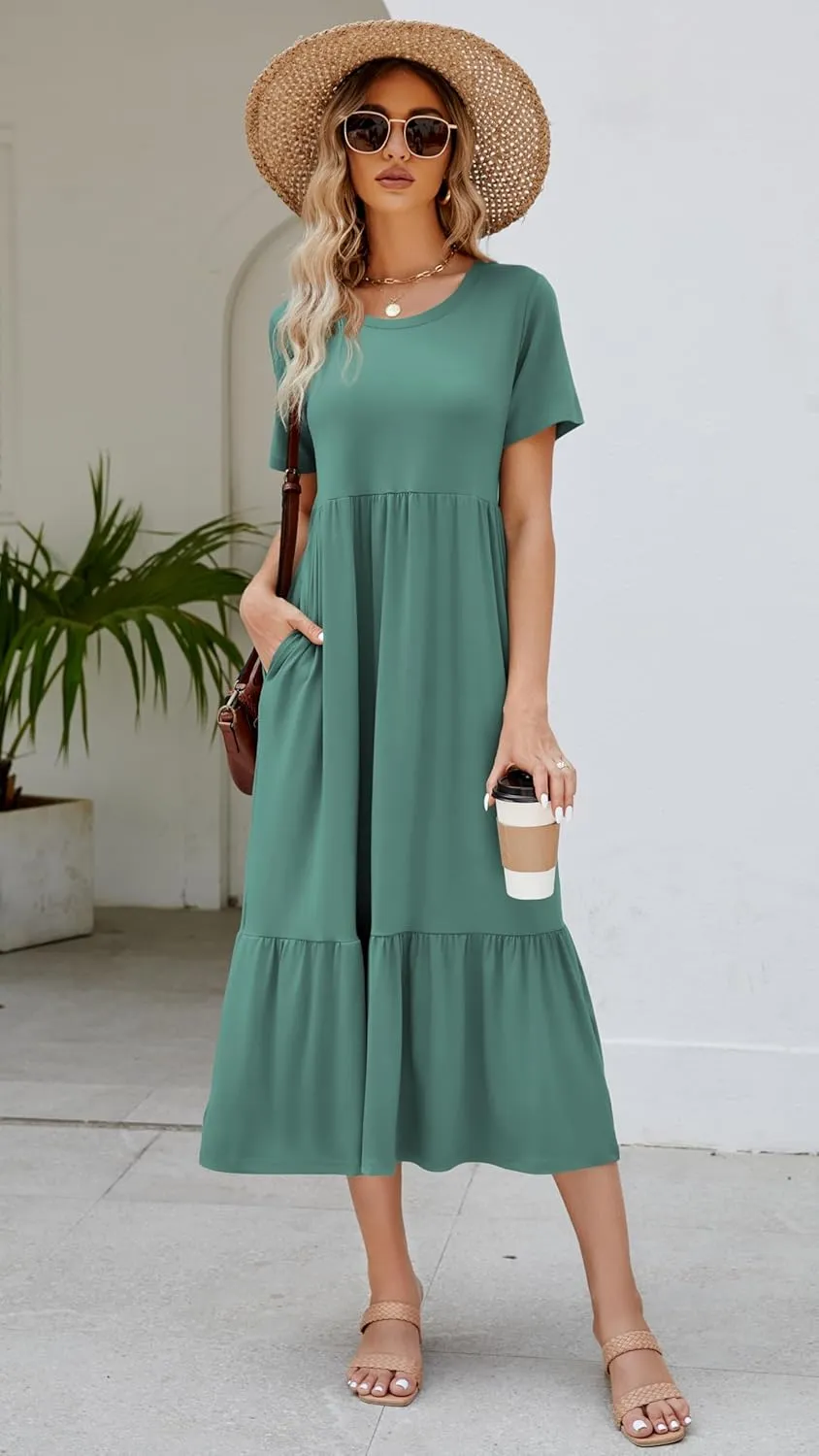 Women's 2025 Summer Short Sleeve Crew Neck Swing Dress Flowy Tiered Maxi Beach Sundress with Pockets