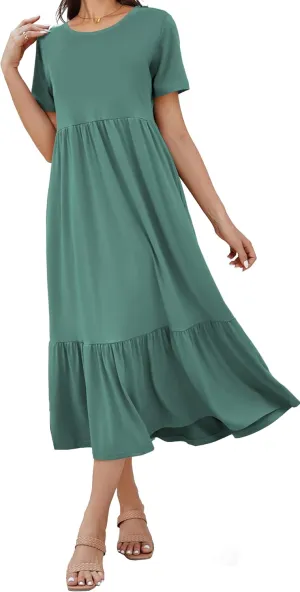 Women's 2025 Summer Short Sleeve Crew Neck Swing Dress Flowy Tiered Maxi Beach Sundress with Pockets