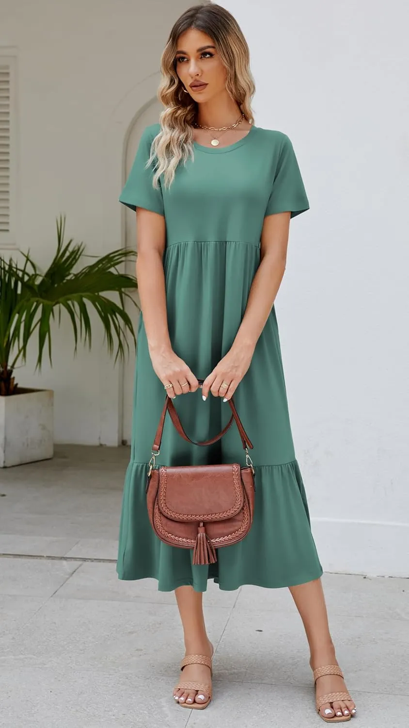 Women's 2025 Summer Short Sleeve Crew Neck Swing Dress Flowy Tiered Maxi Beach Sundress with Pockets