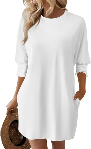 Women's 3/4 Sleeve A-line Flare Midi Long Dress Plus Size 2025 Fashion Swing Irregular Hem A Line Flowy Pleated Dress