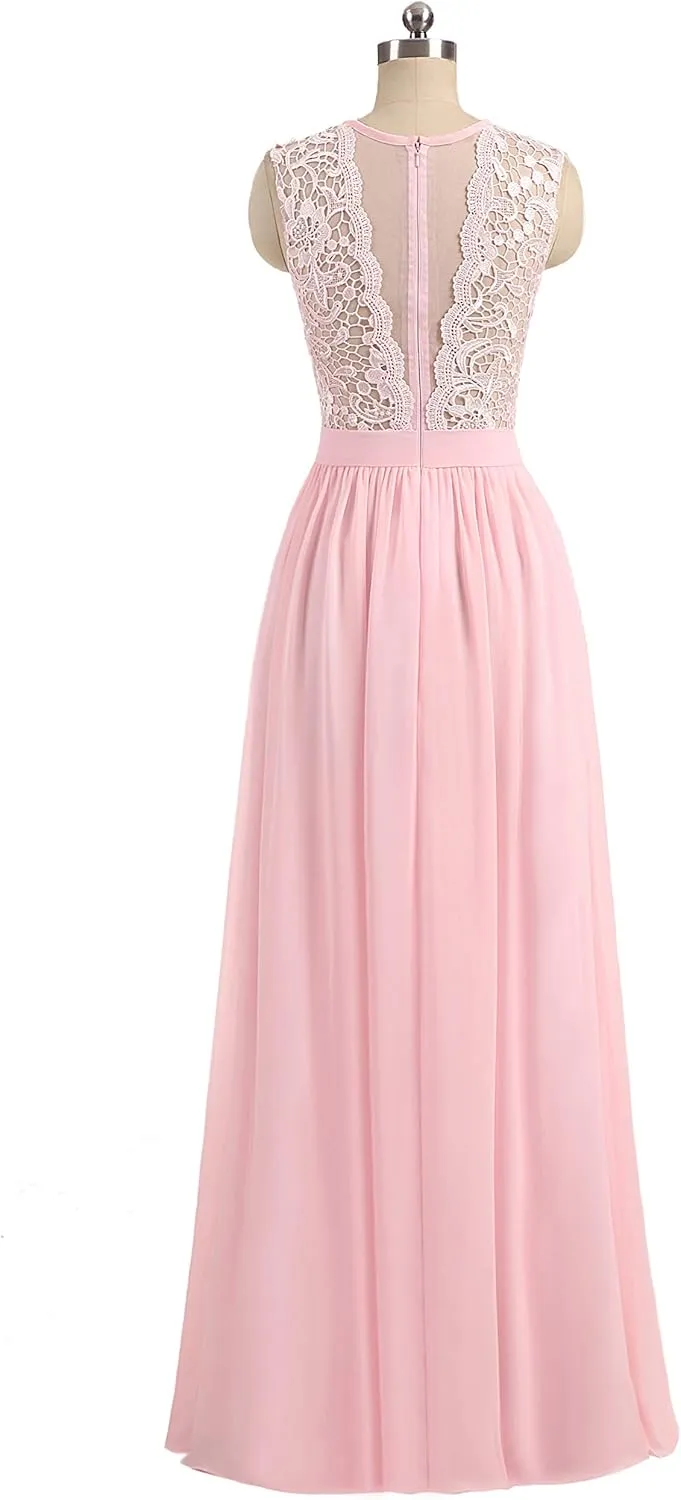 Women's A-line Lace Top Chiffon Bottom Wedding Party Bridesmaid Dress Long