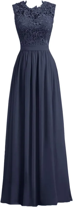 Women's A-line Lace Top Chiffon Bottom Wedding Party Bridesmaid Dress Long