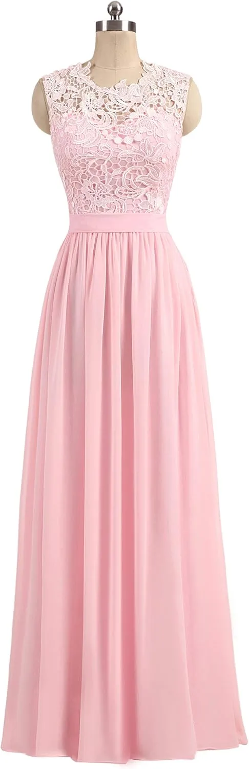 Women's A-line Lace Top Chiffon Bottom Wedding Party Bridesmaid Dress Long