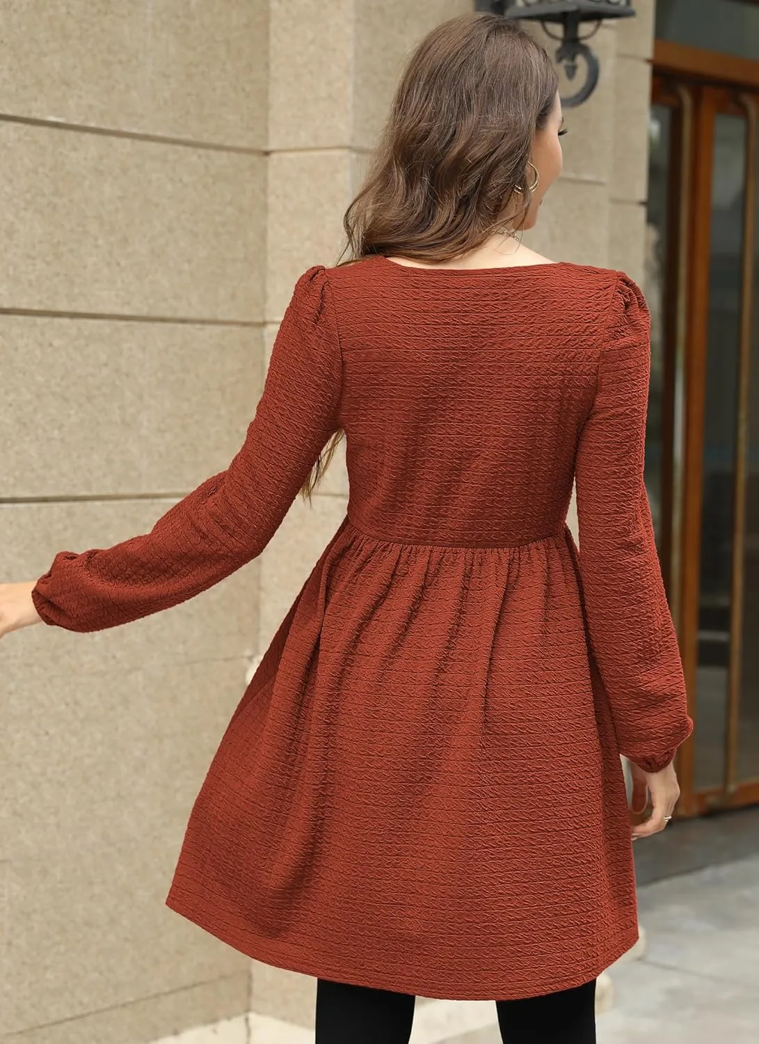 Womens Babydoll Dresses Square Neck Long Sleeve Knee Length Flowy Swing Shirring Mini Dresses Fall Dress