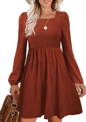 Womens Babydoll Dresses Square Neck Long Sleeve Knee Length Flowy Swing Shirring Mini Dresses Fall Dress