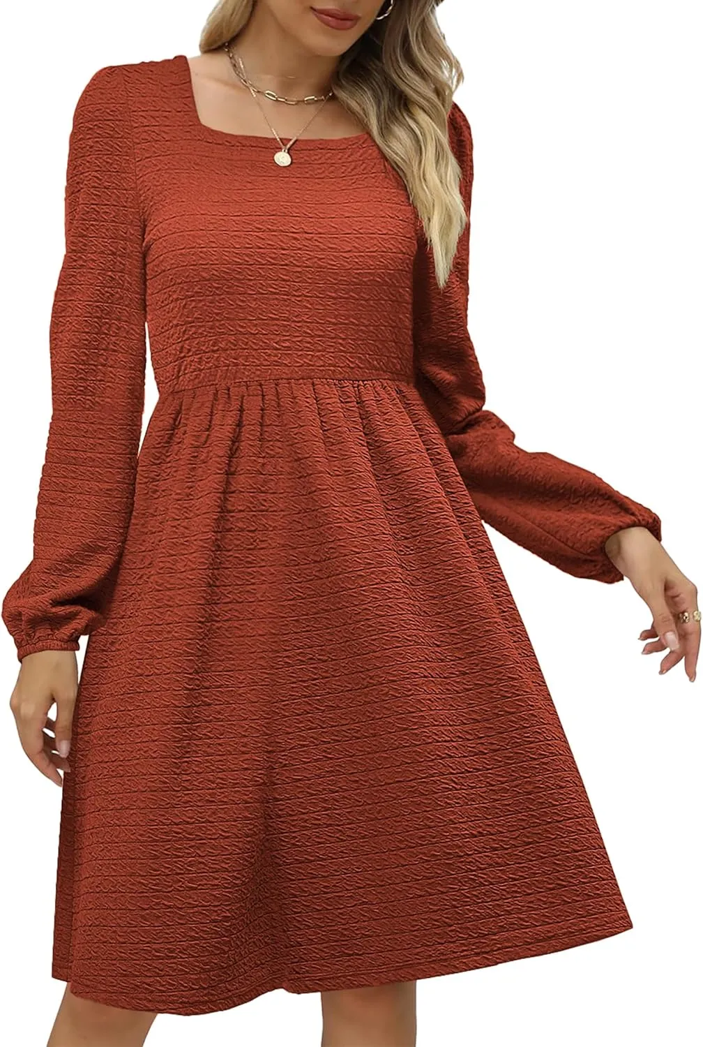 Womens Babydoll Dresses Square Neck Long Sleeve Knee Length Flowy Swing Shirring Mini Dresses Fall Dress