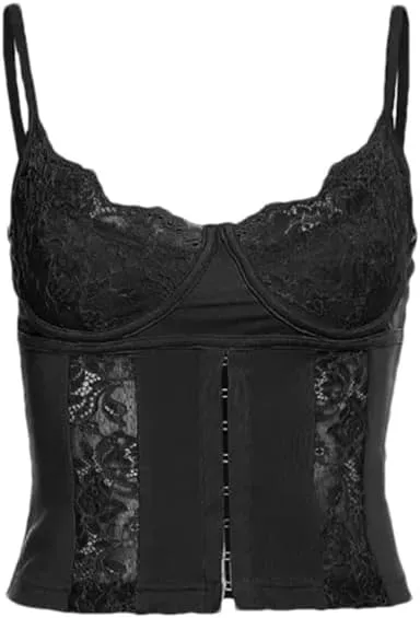 Women's Black Lace Hollow Splicing Short Fit Y2k Gothic Sleeveless Camisole Top