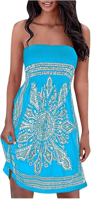 Womens Bohemian Tube Smocked Dress Off Shoulder Strapless Backless Ruffle Floral Beach Mini Dress (Color : Blue, Size : Small)