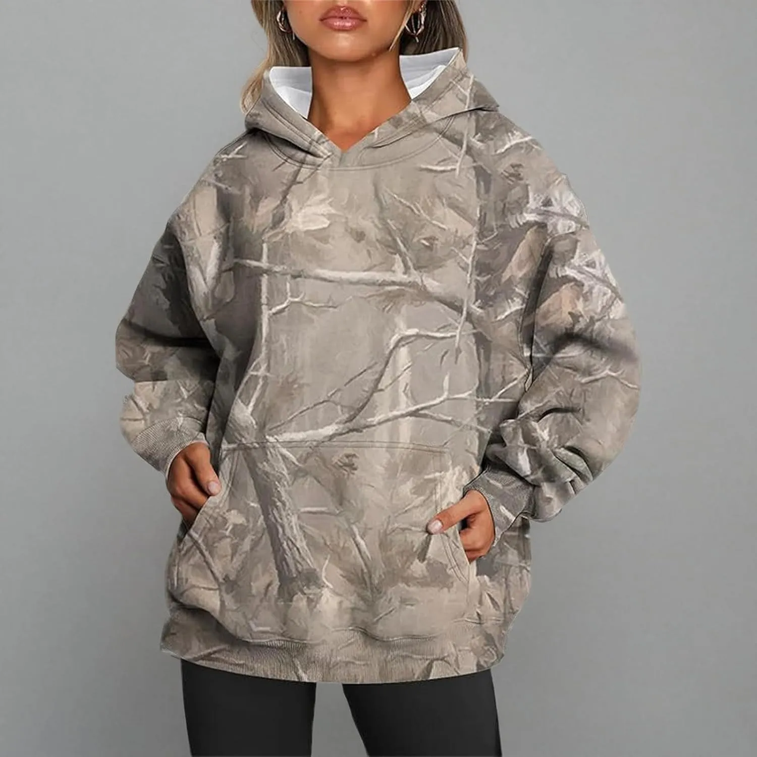 Women's Camo Hoodie Maple-Leaf Print Oversized Sweaters Fleece Casual Long Sleeve Pullover Sweatshirts with Pockets