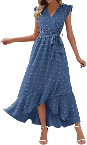 Women's Casual Dress 2025 V Neck Swiss Dot Boho Dresses Wrap Midi Ruffle Slit Hem Flowy Swing Beach Long Dresses
