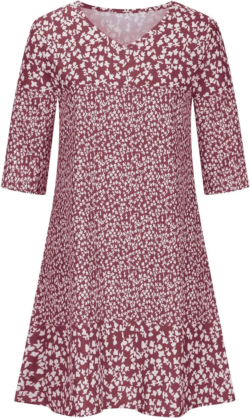 Womens Casual Dress Fashion Summer 3/4 Sleeve T-Shirt Dresses Plus Size V-Neck Loose Flowy Floral Beach Sundress