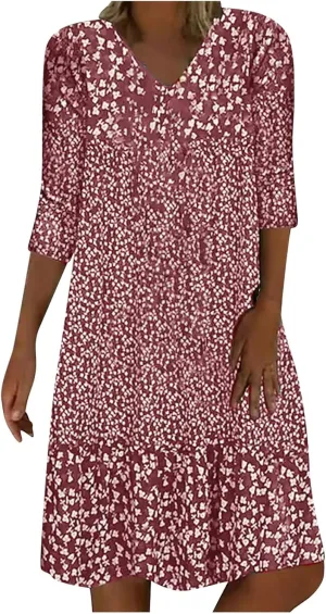 Womens Casual Dress Fashion Summer 3/4 Sleeve T-Shirt Dresses Plus Size V-Neck Loose Flowy Floral Beach Sundress