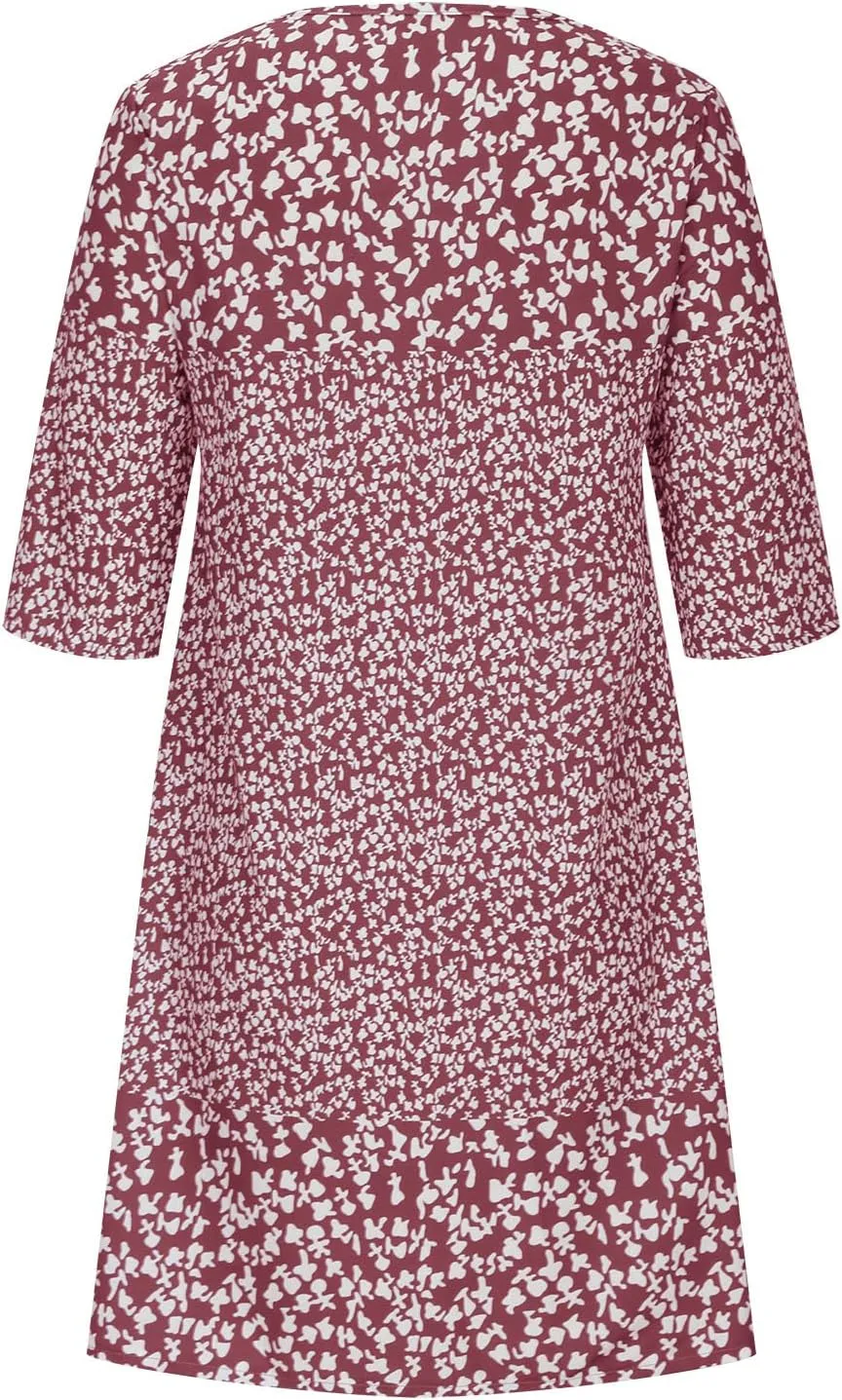 Womens Casual Dress Fashion Summer 3/4 Sleeve T-Shirt Dresses Plus Size V-Neck Loose Flowy Floral Beach Sundress