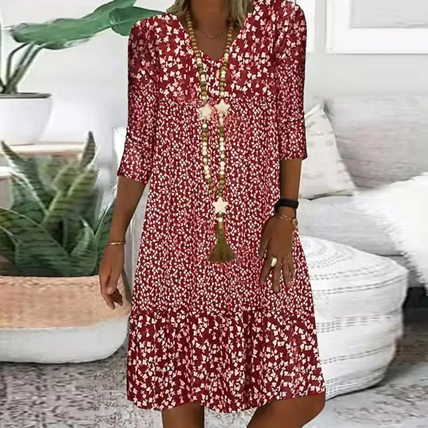 Womens Casual Dress Fashion Summer 3/4 Sleeve T-Shirt Dresses Plus Size V-Neck Loose Flowy Floral Beach Sundress