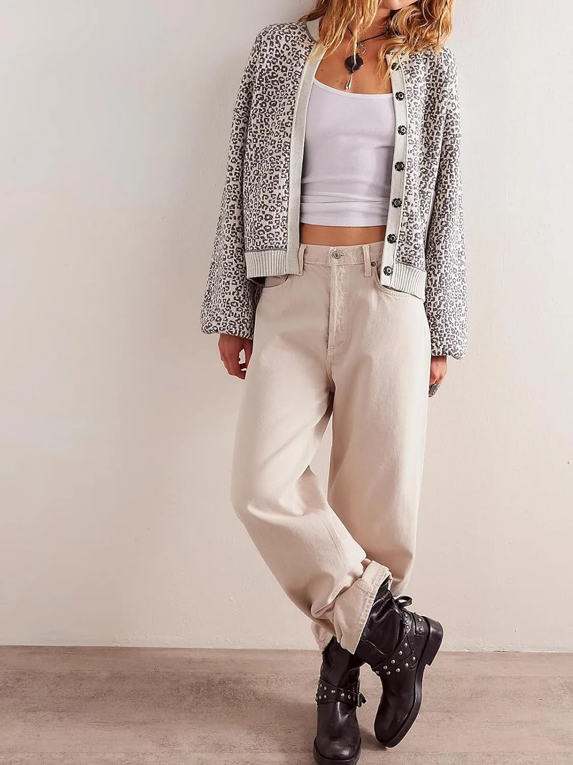 Women's Casual Leopard Print Jacket Crew Neck Long Sleeve Loose Fit Button Coat Fall Trendy Bomber Cardigan