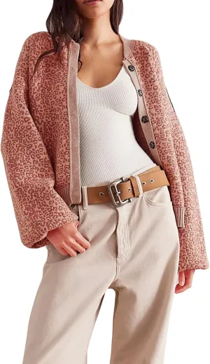 Women's Casual Leopard Print Jacket Crew Neck Long Sleeve Loose Fit Button Coat Fall Trendy Bomber Cardigan