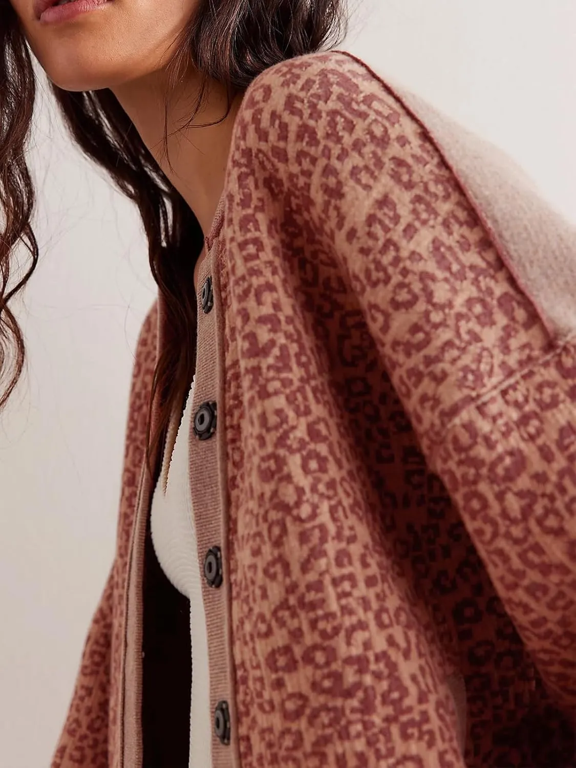Women's Casual Leopard Print Jacket Crew Neck Long Sleeve Loose Fit Button Coat Fall Trendy Bomber Cardigan
