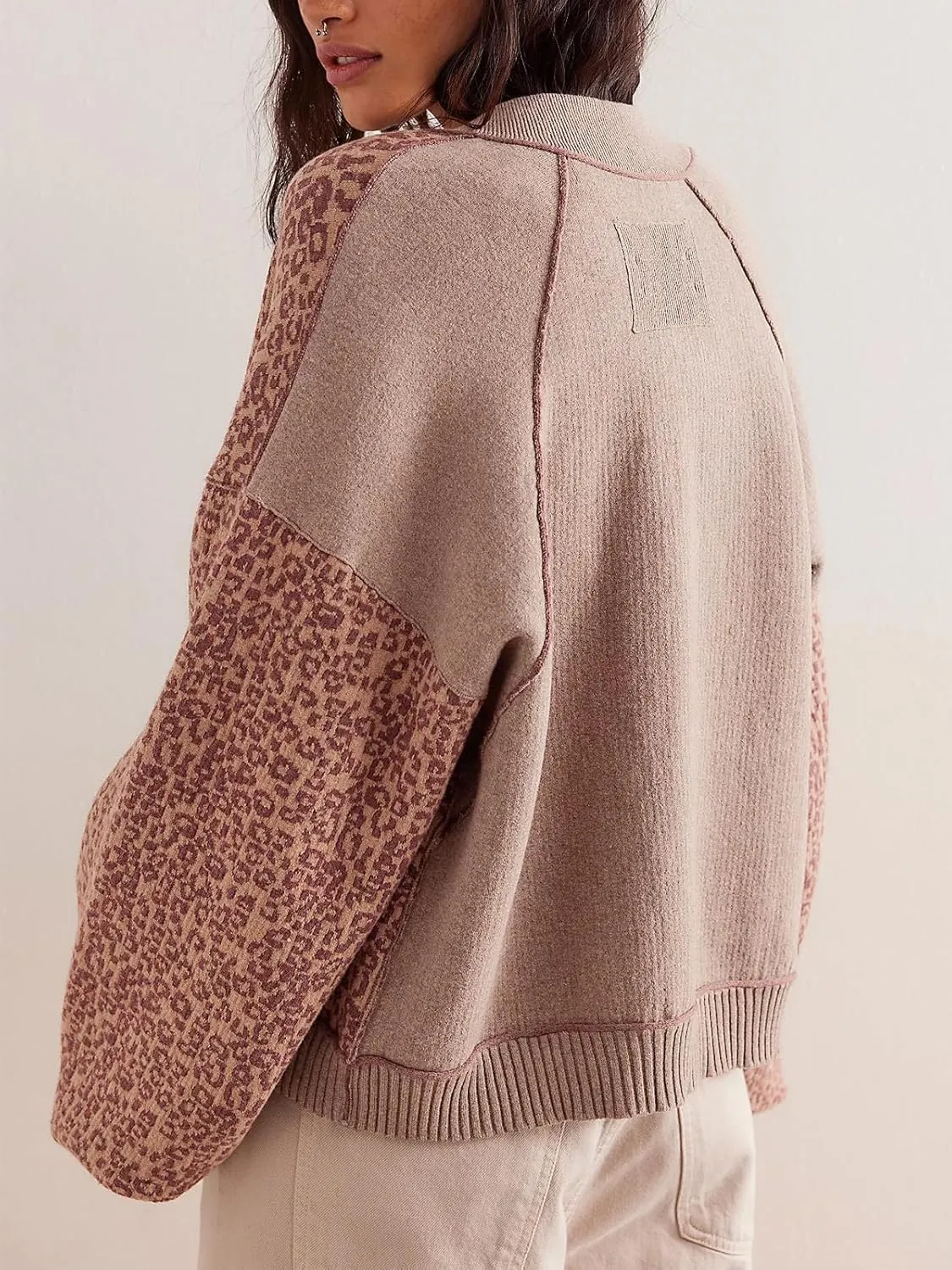 Women's Casual Leopard Print Jacket Crew Neck Long Sleeve Loose Fit Button Coat Fall Trendy Bomber Cardigan
