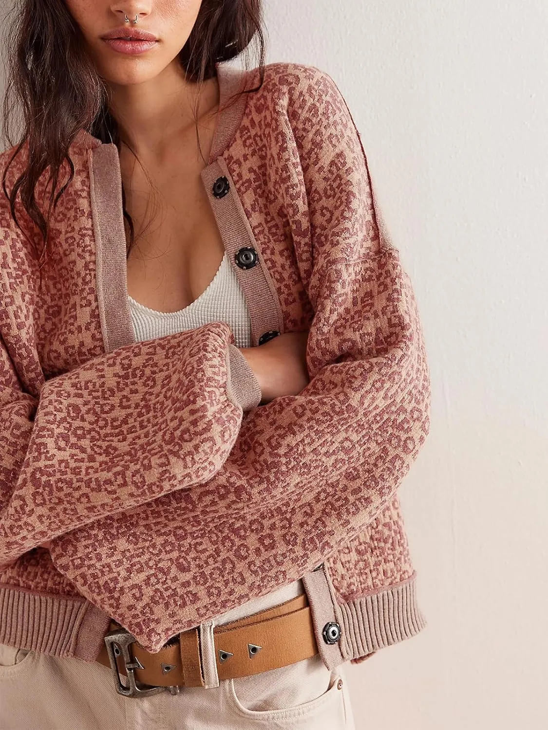 Women's Casual Leopard Print Jacket Crew Neck Long Sleeve Loose Fit Button Coat Fall Trendy Bomber Cardigan