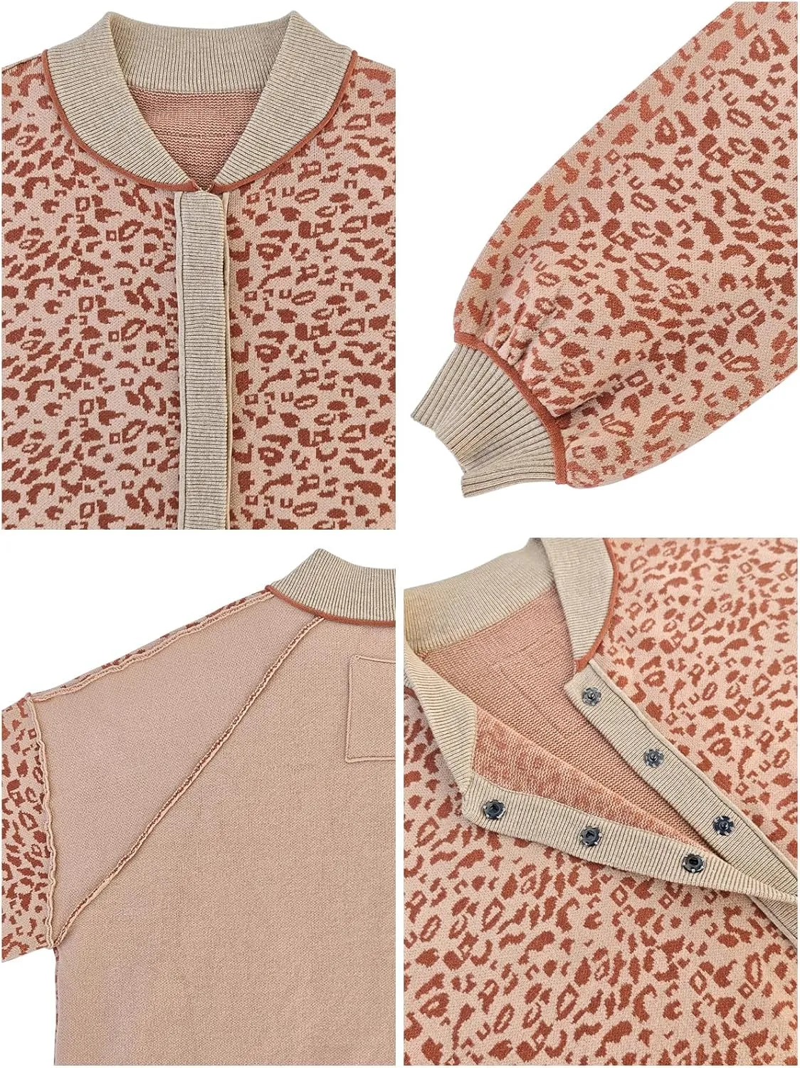 Women's Casual Leopard Print Jacket Crew Neck Long Sleeve Loose Fit Button Coat Fall Trendy Bomber Cardigan