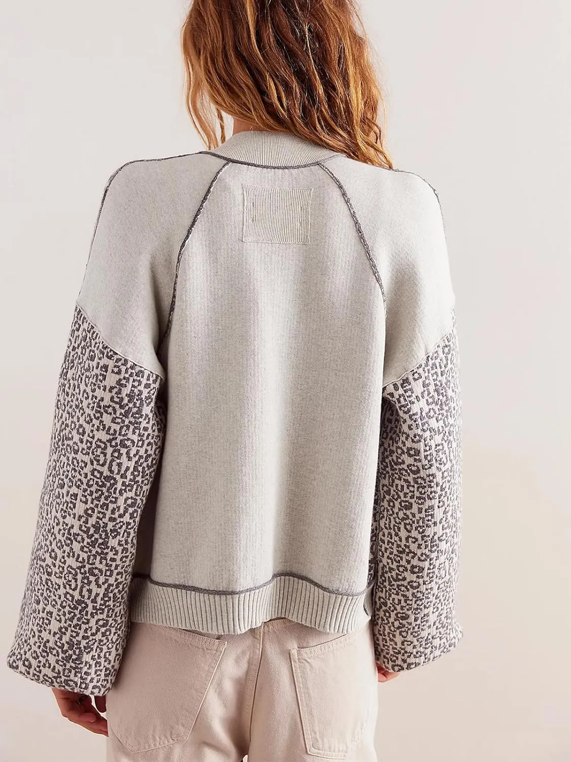 Women's Casual Leopard Print Jacket Crew Neck Long Sleeve Loose Fit Button Coat Fall Trendy Bomber Cardigan