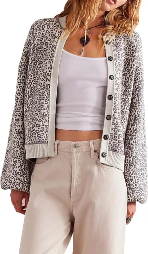 Women's Casual Leopard Print Jacket Crew Neck Long Sleeve Loose Fit Button Coat Fall Trendy Bomber Cardigan