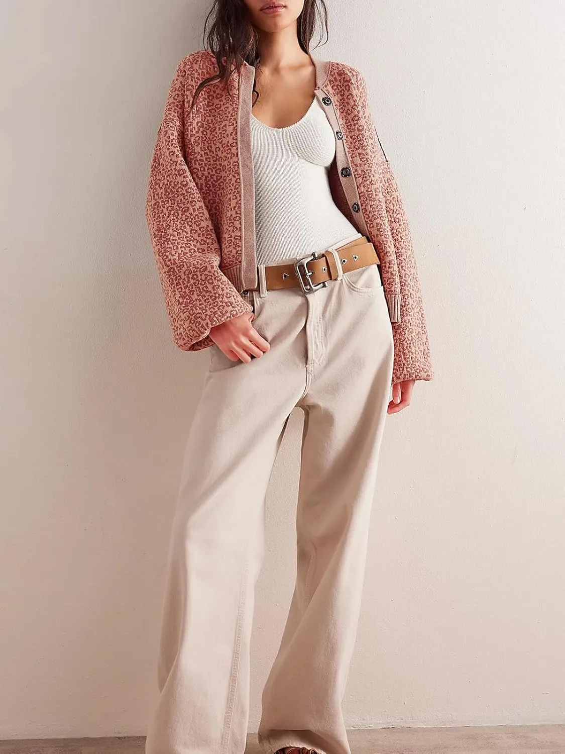 Women's Casual Leopard Print Jacket Crew Neck Long Sleeve Loose Fit Button Coat Fall Trendy Bomber Cardigan