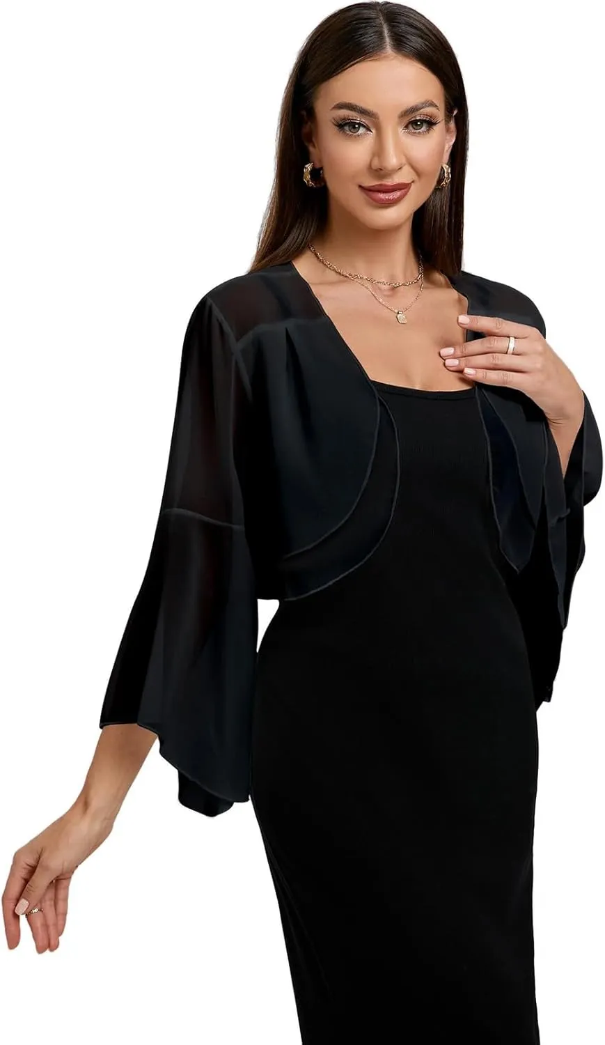 Women's Chiffon Shrug 3/4 Sleeve Cardigan Sweater Lightweight Cardigan Ruffle Top