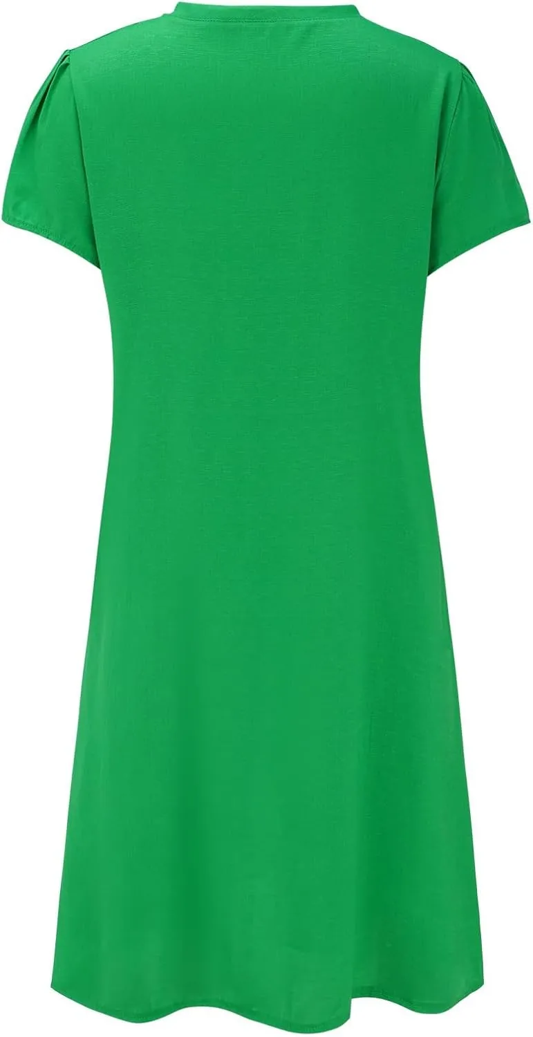 Womens Cotton Linen Midi Dress Summer Solid Color Short Sleeve V-Neck T-Shirt Plus Size Casual Flowy Beach Dress