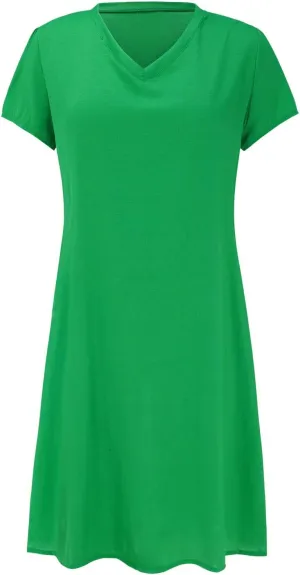 Womens Cotton Linen Midi Dress Summer Solid Color Short Sleeve V-Neck T-Shirt Plus Size Casual Flowy Beach Dress